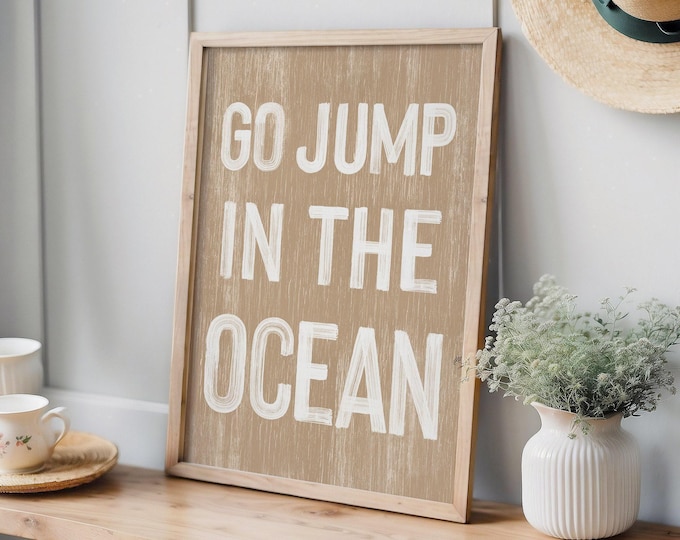 Go Jump in the Ocean Sign, Vintage Beach House Decor for Coastal Walls or Nautical-Inspired Vacation Homes