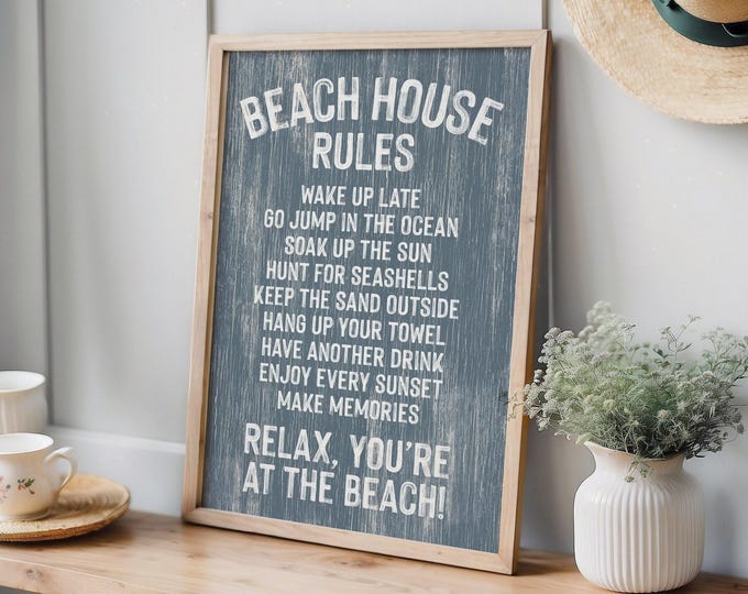 Beach House Rules Sign, Harbor Blue Coastal Decor, Vintage Weathered Wall Art for Rentals