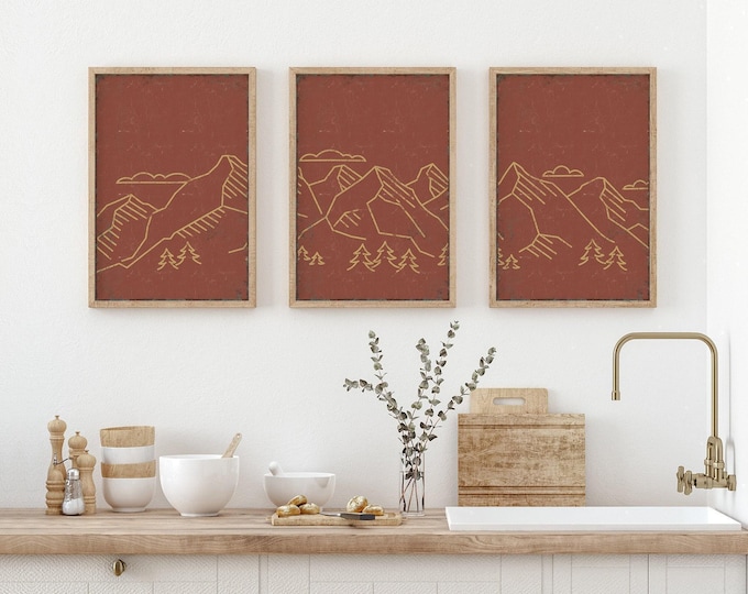 Mountain Triptych Wall Art, Abstract Landscape, 3 Panels (Modern Decor)