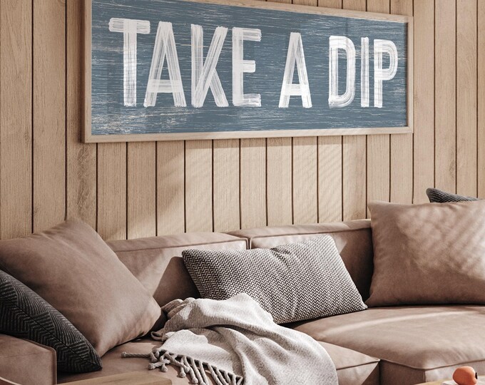 Patio Sign, Outdoor Wall Art, Pool Decor, Vintage Harbor Blue TAKE A DIP Skinny Sign, Rustic Faux Wood Decoration, Perfect Pool Gift Idea