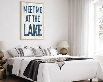 Meet Me at the Lake Sign, Navy and White Distressed Rustic Cabin Wall Art