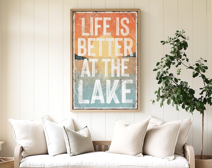 Life Is Better At the Lake Sign, Coral and Teal Sunset Wall Art, Vintage Cabin Gift