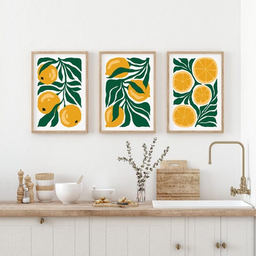 Yellow Lemon Wall Art Prints, Set of 3 Canvas, Tropical Blocks