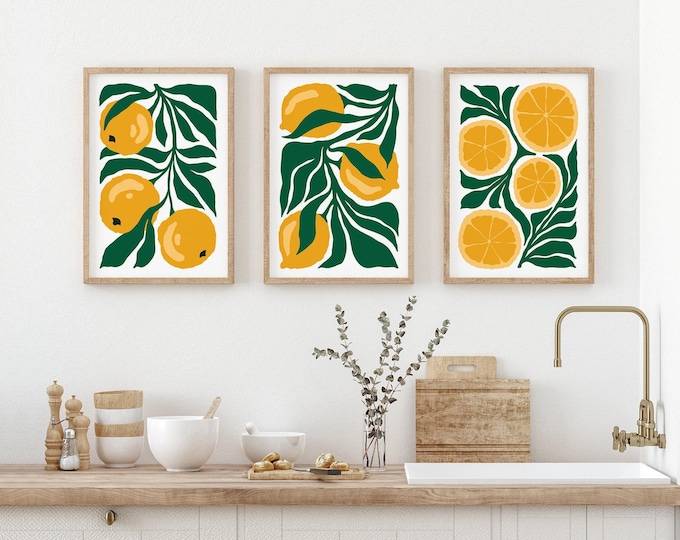 Yellow Lemon Wall Art Prints, Set Of 3 Canvas, Tropical Blocks Triptych, Farmhouse Citrus Fruit Sign for Kitchen • 425