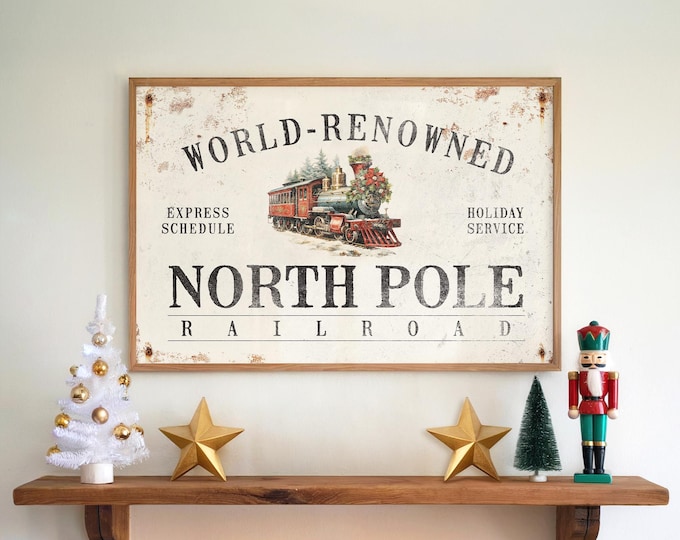 North Pole Train Wall Art, Rustic Holiday Sign (Canvas or Aluminum Print)