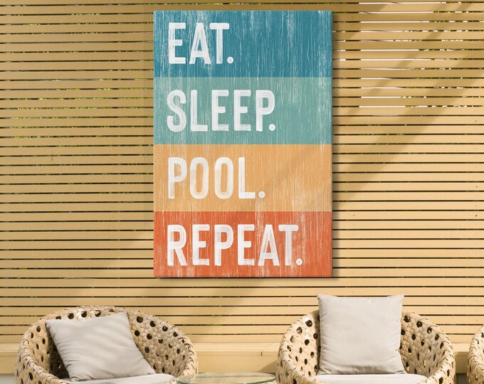 Funny Pool Art, Teal Coral Orange Color Block Wall Sign, Distressed Lanai Decor