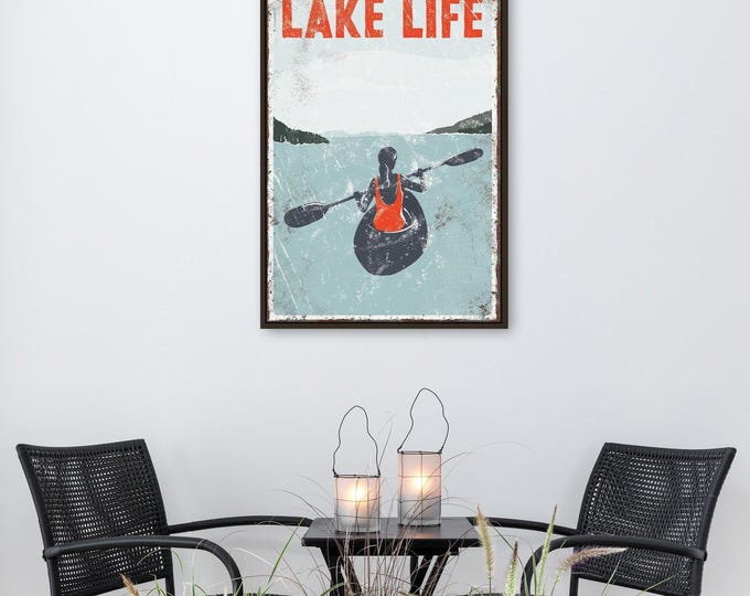 Vintage Lake Life Sign: Red Accent, Female Kayaker Art