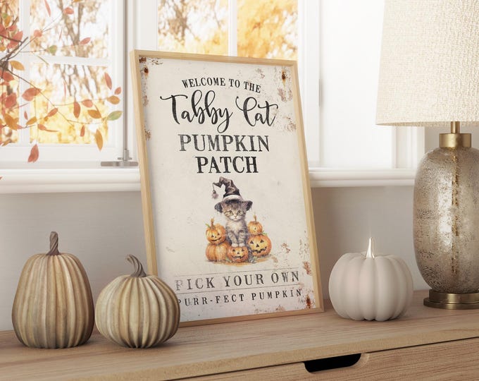 Farmhouse Fall, Halloween Sign, Cat Porch Decor, Tabby Cat Pumpkin Patch Sign, Pick Your Own Pumpkin, Gray Kitten in Witch Hat Gift