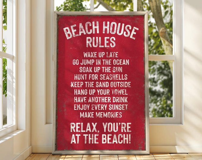 Beach Sign With House Rules, Crimson Red Vintage Distressed Print, Vacation Rental Wall Art