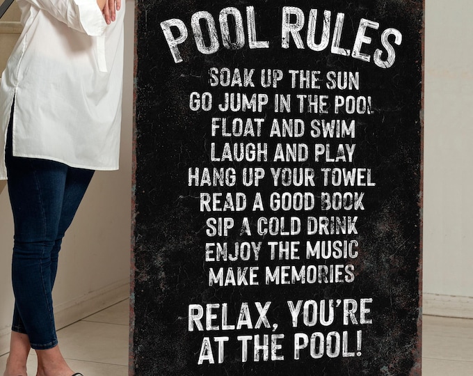 Pool Rules, White Weathered Lettering On Black Wall Art, Funny Rental Property Gift