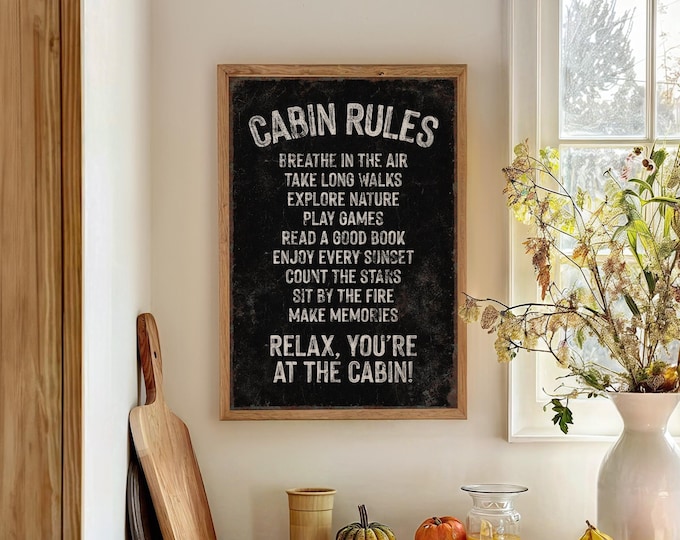 Cabin Rules Wall Sign: Retro Farmhouse Style - Rustic Maple Frame