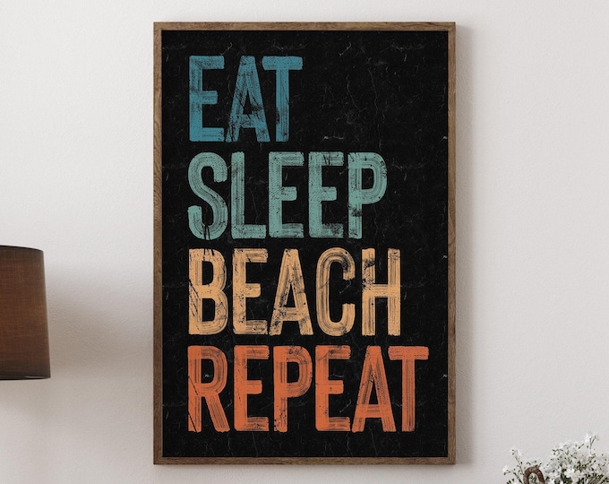 Retro Eat Sleep Beach Repeat Sign (Black Canvas, Coastal Decor)