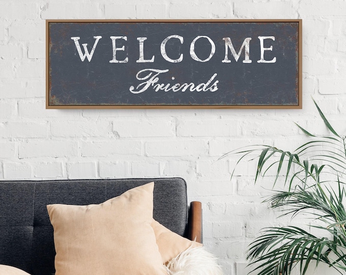 WELCOME FRIENDS Sign, Extra Large Canvas, Rustic Lake House, Vintage Farmhouse Plaque, Outdoor Entry Decor, Porch Wall Art for Home
