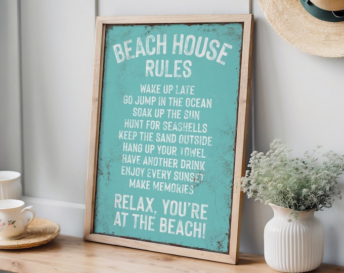 vintage "BEACH HOUSE RULES" sign, aqua blue beach print, coastal beach house decor, beach house gift for her, vacation rental beach decor