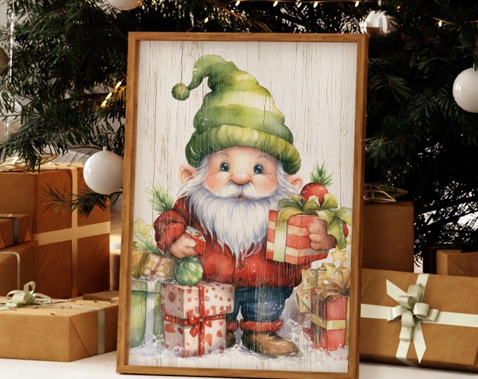 Christmas Gnome Sign, Watercolour Painting with a Pointed Green Hat and Gifts in Barn Red