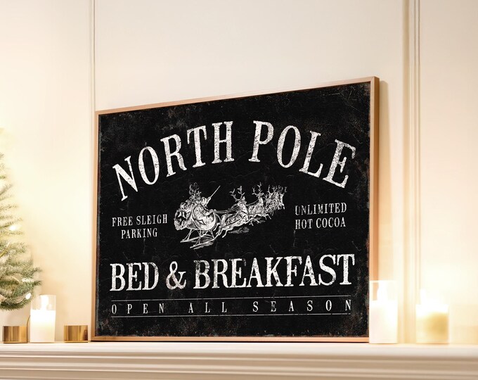 North Pole Christmas Sign, Rustic Living Room Holiday Decor, Vintage Art