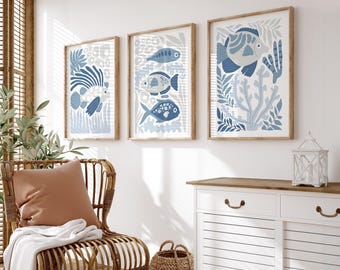 Coastal Canvas Art, Fish Coral and Seaweed Triptych, Cream Blue Gray Three Panel Set