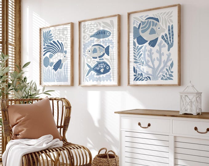 Coastal Canvas Art, Fish Coral and Seaweed Triptych, Cream Blue Gray Three Panel Set