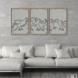 Tríptico abstracto de montaña en gris piedra, arte de pared para cabaña, juego de 3 piezas imagen 3