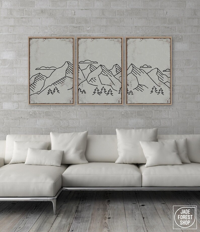 Tríptico abstracto de montaña en gris piedra, arte de pared para cabaña, juego de 3 piezas imagen 3