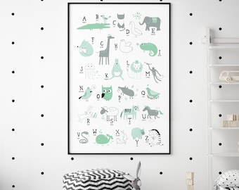 mint ALPHABET sign for nursery, colorful animal alphabet canvas, gift for animal themed nursery, cute nursery decorations, zoo kids decor