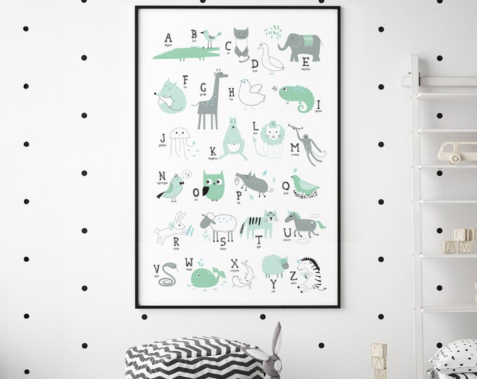 mint ALPHABET sign for nursery, colorful animal alphabet canvas, gift for animal themed nursery, cute nursery decorations, zoo kids decor