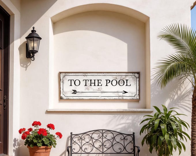 To The Pool, Antique White Distressed Arrow Sign, Black Lettering Wall Art