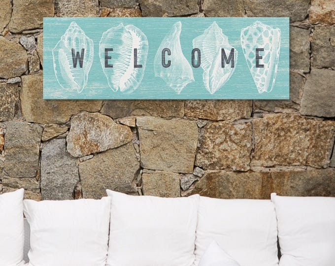 Welcome Canvas Sign: Coastal Aqua Blue - Rustic Driftwood Look