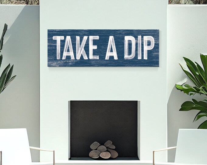 Retro TAKE A DIP Pool Sign in Nautical Blue, Long Skinny Pool Patio Decor, Gift for Hot Tub Owner, Pool Gift for Her, 3:1 Signs