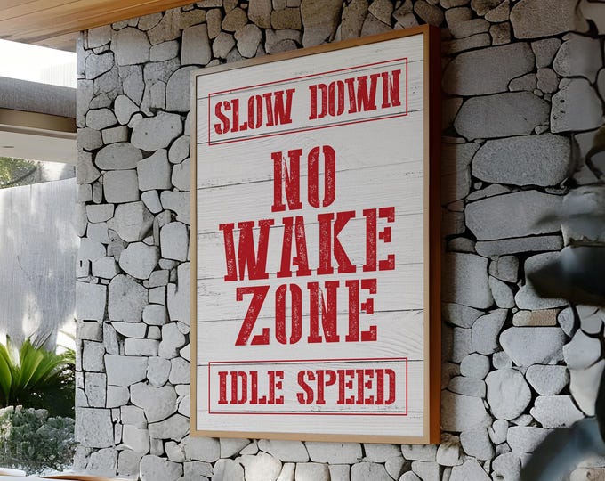 Red and White NO WAKE ZONE Sign, Faux White Wood Planks, Nautical Wall Art for Coastal Decor, Unique Oversized Statement Canvas