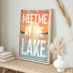 Coastal Wall Art, Lake House Decor, Vintage Lake Sign, Retro Sunset Canvas Print, Indoor Outdoor Lake Decor, Vacation Rental Decoration