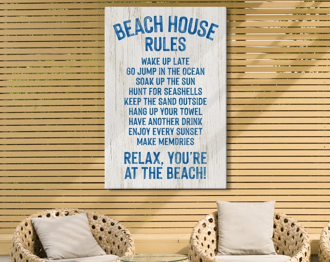 White Beach Sign, Beach House Rules List in Blue on Weathered Wood, Distressed Coastal Wall Art