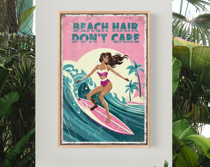 Beach Hair Dont Care Surf Poster, Pink And Teal Retro Print, Girlfriend Gift