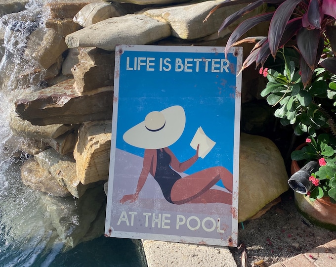 Vintage Life is Better at the Pool Sign, Retro Pool Poster Canvas, Waterproof Aluminum for Outdoors, Perfect Gift for Lanai or Pool Patio