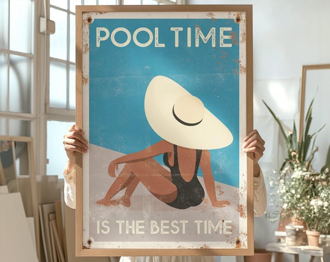 Retro "Pool Time is The Best Time" Poster, Extra Large Pool Sign for Vintage Home Decor, Canvas Print or Waterproof Aluminum for Outdoors