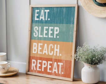 Eat Sleep Beach Repeat on Rainbow Canvas, Vacation Rental Art, Fun Beach Canvas Prints, Vintage Beach Wall Decor, Indoor Outdoor Beach Sign