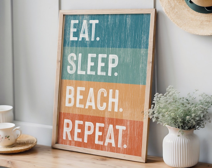 Eat Sleep Beach Repeat on Rainbow Canvas, Vacation Rental Art, Fun Beach Canvas Prints, Vintage Beach Wall Decor, Indoor Outdoor Beach Sign