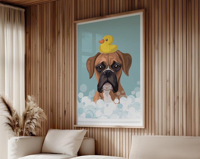 Whimsical Boxer Dog Wall Art, Bubbles and Rubber Duck (Bathroom Decor)