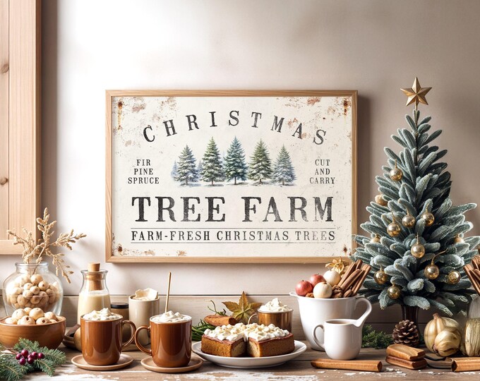 Farm Fresh Trees Sign, Watercolor Fir, Pine, and Spruce on Distressed Cream
