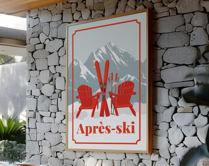 Après Ski Wall Art - Red Adirondack Chairs with Skis, Rustic Style