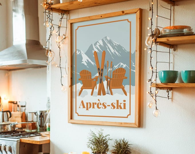 Apres Ski Wall Art, Après-ski Grey-Blue Snow-Capped Mountains, Cabin Gift