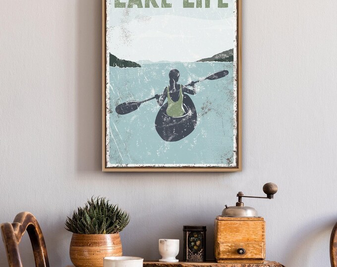 Lake House Kayak Sign, Vintage Style, Female Paddler (Green Accent)