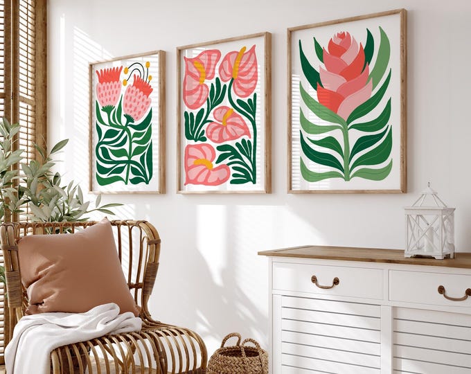 Abstract Floral Sign, Pink Protea Anthurium Ginger Triptych, Green Foliage, Coral Gift