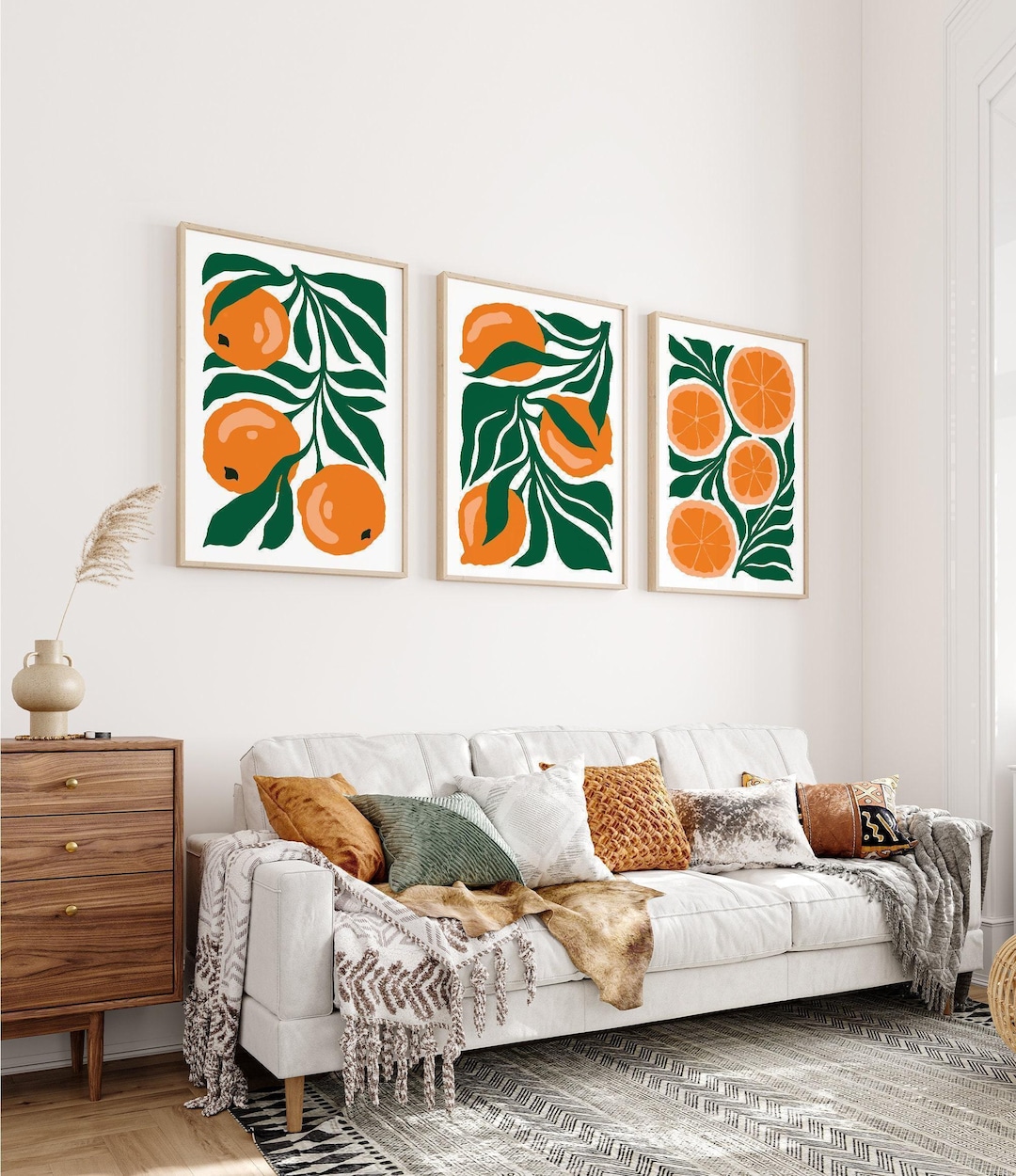 Orange Citrus Triptych Wall Art, Modern Botanical Kitchen Canvas