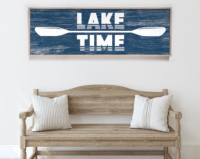 Vintage Lake Time Sign - Rustic Nautical Decor in White and Blue