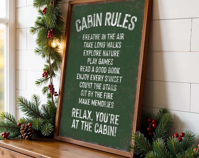 Cabin Rules Hunter Green Lodge Wall Art, Breathe In The Air, Rustic Mountain Gift
