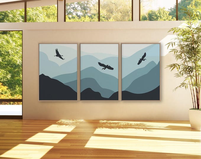 Blue Mountain Sky Landscape with Crane, Large Abstract Wall Art, 3 Piece Set, Triptych Home Decor for Modern Lake House • 033