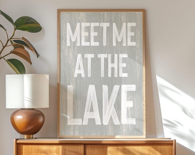 Retro Meet Me at the Lake Poster, Stone Gray, Vintage Lake Poster Canvas Prints, Retro Lake House Decor, Lake Gift for Her, Fun Lake Signs