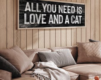 Love And A Cat Sign Black, Boho Wall Signs, Pet Lover Gift, Rustic Farmhouse Decor, Distressed Cat Art, Cozy Home Display