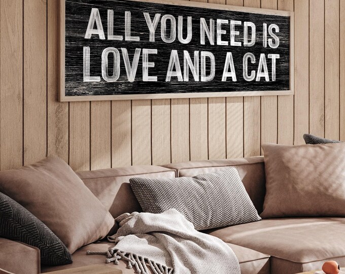 Love And A Cat Sign Black, Boho Wall Signs, Pet Lover Gift, Rustic Farmhouse Decor, Distressed Cat Art, Cozy Home Display